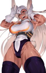  :d absurdres adjusting_mask animal_ears arms_up bare_shoulders blush boku_no_hero_academia breasts colorized covered_abs covered_navel crescent_print dark-skinned_female dark_skin english_commentary everthine female finger_under_clothes from_below fur_collar gloves highleg highleg_leotard highres kopam large_breasts leotard long_eyelashes long_hair looking_at_viewer mask mirko muscular muscular_female open_mouth purple_thighhighs rabbit_ears rabbit_girl rabbit_tail red_eyes second-party_source simple_background sleeveless_turtleneck_leotard smile solo tail taut_leotard teeth thick_thighs thighhighs thighs toned underbust uneven_eyes very_long_hair white_background white_gloves white_hair white_leotard white_mask 