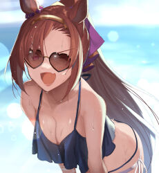  ahoge alternate_costume animal_ears bikini blue_bikini breasts commentary_request cosplay ear_ornament female frilled_bikini frills heart heart-shaped_eyewear highres horse_ears horse_girl kabocha_(monkey4) maruzensky_(blasting_off_summer_night)_(umamusume) maruzensky_(umamusume) maruzensky_(umamusume)_(cosplay) ponytail sakura_bakushin_o_(umamusume) solo sunglasses swimsuit umamusume 