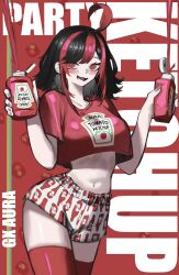  absurdres ahoge black_hair bottle character_name collarbone crop_top female gx_aura highres holding holding_bottle huge_ahoge ketchup ketchup_bottle medium_hair midriff multicolored_hair opera_gx parody pungson_mori red_eyes red_hair red_shirt red_thighhighs shirt short_shorts shorts standing streaked_hair thighhighs tomato white_shorts 