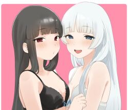  2girls black_bra black_hair blue_eyes blunt_bangs blush bra brown_eyes commentary hatsuyuki_(kancolle) kantai_collection long_hair looking_at_viewer multiple_girls pink_background sakieko shirakumo_(kancolle) simple_background underwear upper_body white_bra white_hair 