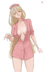  bandaged_hand bandages blonde_hair breasts breasts_apart closed_mouth collarbone female hair_between_eyes hat highres large_breasts long_hair long_hair_between_eyes looking_at_viewer make_heroine_ga_oo_sugiru! no_bra numb3r_3 nurse_cap pink_hat pink_shirt shikiya_yumeko shirt signature simple_background solo standing very_long_hair white_background yellow_eyes 