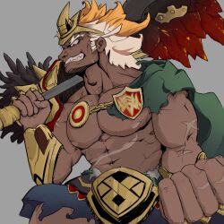  1boy abs axe battle_axe dark-skinned_male dark_skin fire_emblem fire_emblem_heroes helbindi_(fire_emblem) holding holding_axe kevcatk large_pectorals male_focus multicolored_hair muscular muscular_male orange_hair pectorals red_eyes scar scar_on_arm sideburns two-tone_hair weapon white_hair 