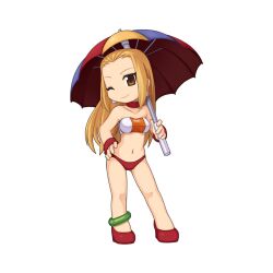  anklet bandeau bikini blonde_hair breasts brown_eyes chibi chibi_only closed_mouth contrapposto female full_body grey_bandeau guide_companion high_heels holding holding_umbrella jewelry looking_at_viewer medium_breasts navel official_art one_eye_closed ragnarok_online red_bikini red_footwear red_umbrella simple_background smile solo standing swimsuit transparent_background umbrella wristband yuichirou 