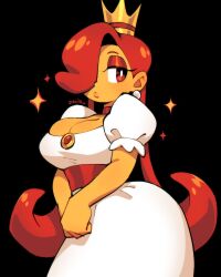  333_(dqqqdle) black_background breasts bright_pupils cleavage colored_skin cowboy_shot crown dress earrings eyeshadow female hair_over_one_eye highres jewelry large_breasts long_hair makeup mario_(series) meme official_alternate_color orange_skin own_hands_together princess_peach princess_toadstool_redraw_(meme) puffy_short_sleeves puffy_sleeves red_eyes red_hair short_sleeves signature simple_background solo sparkle super_mario_bros._1 very_long_hair white_dress white_pupils 