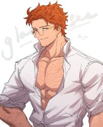  1boy abs absurdres aged_up arm_hair beard_stubble chest_hair closed_mouth collared_shirt commentary english_commentary english_text facial_hair fire_emblem fire_emblem:_three_houses glasses highres looking_at_viewer male_focus multiple_scars open_clothes open_collar open_shirt orange_hair pectoral_cleavage pectorals rimless_eyewear satodee scar scar_on_arm scar_on_chest scar_on_neck shirt short_hair sleeves_rolled_up smile solo stubble sylvain_jose_gautier wavy_hair white_shirt yellow_eyes 