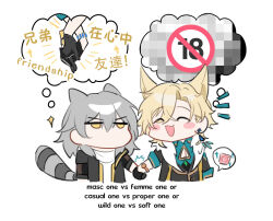  1boy 625light animal_ears aventurine_(honkai:_star_rail) blush_stickers chibi closed_eyes closed_mouth commentary condom couple cropped_torso english_text female fox_boy fox_ears grey_hair hashtag-only_commentary highres holding_hands honkai:_star_rail honkai_(series) meme no_sclera no_symbol open_mouth raccoon_ears raccoon_girl raccoon_tail short_hair simple_background stelle_(honkai:_star_rail) straight tail thought_bubble trailblazer_(honkai:_star_rail) white_background 