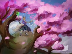  2024 anthro artist_logo artist_name bandage bandaged_arm bandaged_leg biped black_nose blue_sky canid canine cheek_tuft cherry_blossom cherry_blossom_tree cherry_tree clothed clothing day detailed_background digital_media_(artwork) digital_painting_(artwork) dreamworks facial_tuft female flower fox fruit_tree fully_clothed hi_res kung_fu_panda logo mammal outside pecivalrat plant prunus_(flower) shaded sky snout solo standing tail tree tuft zhen_(kung_fu_panda) 