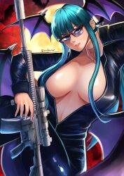  bat_(animal) bat_wings breasts catsuit cleavage darkstalkers demon_girl female full_moon glasses green_hair gun head_wings highres kageru_(mofnyan) large_breasts long_hair moon morrigan_aensland no_bra rifle smile sniper_rifle weapon wings 