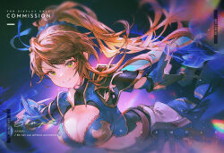  armor asymmetrical_bangs beatrix_(granblue_fantasy) blue_armor blue_ribbon breasts brown_eyes brown_hair cleavage commission female gauntlets granblue_fantasy large_breasts long_hair navel ponytail ribbon solo vienri 