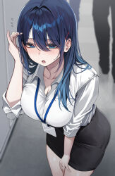  absurdres between_legs black_skirt blue_hair blush breasts female hair_ornament hairclip hand_between_legs highres id_card kouhai-chan_(udon) large_breasts long_sleeves looking_down office_lady open_mouth original pencil_skirt shirt skirt solo udon_(udonalium) white_shirt 