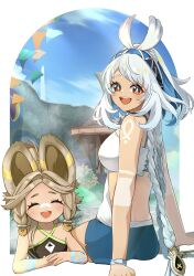  2girls animal_ears arm_tattoo back bare_shoulders bikini blue_hair blue_hairband blue_shorts blush braid breasts brown_hair closed_eyes crop_top dark_skin fish-shaped_pupils genshin_impact hairband highres kachina_(genshin_impact) long_hair looking_at_viewer medium_breasts mualani_(genshin_impact) multiple_girls open_mouth red_eyes shiba_(tonari_no_shiba_inu) shorts smile swimsuit symbol-shaped_pupils tattoo white_bikini white_hair 