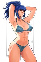  abs absurdres adjusting_hair armpits arms_behind_head arms_up artist_name bikini breasts camouflage camouflage_bikini earrings female hair_lift hair_tie_in_mouth hand_in_own_hair hands_in_hair highres jewelry leona_heidern mouth_hold muscular muscular_female ponytail swimsuit the_king_of_fighters toned toned_female triangle_earrings tropero tying_hair 