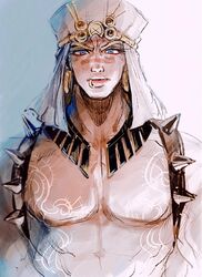  1boy bad_id bad_pixiv_id battle_tendency blonde_hair blue_eyes bodypaint chocoblood earrings facial_mark highres hoop_earrings jewelry jojo_no_kimyou_na_bouken large_pectorals lip_piercing lip_ring male_focus manly muscular muscular_male pectorals piercing shoulder_spikes solo spikes turban wamuu 