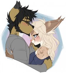  2015 anthro ariyah_(meg) beard blue_eyes blush canid canine canis closed_eyes clothed clothing cuddling digital_media_(artwork) domestic_dog duo eyewear facial_hair felid feline female fur glasses hair hi_res hug inner_ear_fluff jo_(amadeusdamiano) kissing lynx male male/female mammal markings pollo-chan romantic romantic_couple side_view simple_background spots spotted_body spotted_fur tuft 