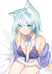  alternate_costume animal_ears arknights bare_shoulders blue_eyes blue_hair breasts choker clothes_around_waist commentary_request dress female frilled_dress frills highres jacket jacket_around_waist kal&#039;tsit_(arknights) miuli_absurd on_bed ribbon_choker short_hair simple_background sitting thighs 