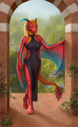  anthro blonde_hair blue_eyes clothing costume detailed_background dragon european_mythology eztli_(user_55) female gate hair horn irbeus leaf looking_at_viewer mythological_creature mythological_scalie mythology nature orange_hair pinup pose raised_tail red_body scalie simple_background smile solo tail western_dragon wyvern yellow_body 