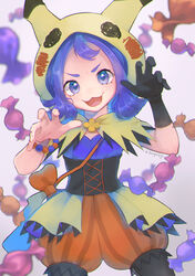  :3 :d acerola_(fall_2020)_(pokemon) acerola_(pokemon) bead_bracelet beads black_gloves black_pantyhose blurry bracelet candy_wrapper capelet commentary_request eyelashes female gloves hands_up highres hood hooded_capelet jewelry kikuyoshi_(tracco) looking_at_viewer medium_hair official_alternate_costume open_mouth orange_bracelet orange_shorts pantyhose pantyhose_under_shorts pokemon pokemon_masters_ex purple_eyes purple_hair shorts signature single_glove smile solo striped_clothes striped_shorts themed_object tongue vertical-striped_clothes vertical-striped_shorts waist_cape 