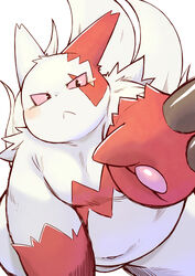  2022 anthro belly biped blush chiro_(artist) generation_3_pokemon hi_res kemono navel nintendo overweight pokemon pokemon_(species) red_body simple_background solo white_body zangoose 