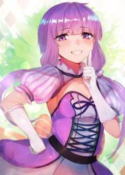  absurdres alternate_costume blush breasts cleavage commentary_request detached_collar detached_sleeves dress female gloves grin hair_ornament highres hiiragi_mikoto large_breasts long_hair looking_at_viewer pink_dress puffy_short_sleeves puffy_sleeves purple_eyes purple_hair short_hair_with_long_locks short_sleeves smile solo voiceroid white_gloves yuzuki_yukari 