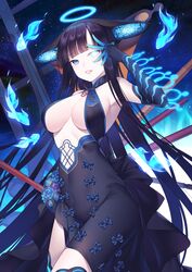  absurdres bad_id bad_pixiv_id bare_shoulders black_dress black_gloves black_headwear black_thighhighs blue_eyes blue_fire blunt_bangs blush breasts center_opening commentary covered_navel dress elbow_gloves fate/grand_order fate_(series) female fire fish flute gloves glowing glowing_eye hair_ornament halo hand_up highres instrument large_breasts leaf_hair_ornament long_hair looking_at_viewer may_(2747513627) night night_sky parted_lips photoshop_(medium) pipa_(instrument) purple_hair sky smile solo star_(sky) starry_sky symbol-only_commentary thighhighs thighs very_long_hair yang_guifei_(fate) yang_guifei_(third_ascension)_(fate) 