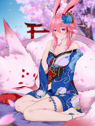  absurdres animal_ears anklet bare_shoulders barefoot blue_flower blue_kimono blue_sky blurry blurry_background blush breasts cherry_blossoms cleavage closed_eyes female flower fox fox_ears frozen-sad full_body grin hair_between_eyes hair_flower hair_ornament highres higokumaru honkai_(series) honkai_impact_3rd japanese_clothes jewelry kimono looking_at_viewer on_floor outdoors petals pink_hair purple_eyes seiza sitting sky sleeping smile solo teeth tree yae_sakura yae_sakura_(goushinnso_memento) 