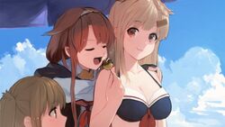  3girls ahoge bad_id bad_twitter_id beach_umbrella bikini black_bikini blonde_hair breasts chagen_kokimu cleavage closed_eyes cloud day food hair_flaps hair_ornament hairband hairclip kantai_collection kawakaze_(kancolle) kawakaze_kai_ni_(kancolle) large_breasts light_brown_hair multiple_girls murasame_(kancolle) open_mouth outdoors pointy_ears red_eyes red_hair sailor_bikini sailor_collar scarf sky swimsuit takoyaki twintails umbrella white_scarf yuudachi_(kancolle) yuudachi_kai_ni_(kancolle) 