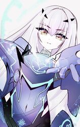  armor blue_gloves breastplate covered_navel fate/grand_order fate_(series) female forked_eyebrows gloves highres long_hair looking_at_viewer melusine_(fate) melusine_(first_ascension)_(fate) pauldrons reaching reaching_towards_viewer shoulder_armor smile suzukimadaka white_hair 