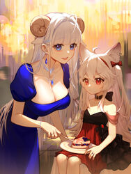  2girls ahoge animal_ear_fluff animal_ears bead_bracelet beads black_bow black_bowtie blue_eyes blue_gemstone blunt_bangs blurry blurry_background bow bowtie bracelet breasts cake cake_slice chinese_commentary cleavage closed_mouth collarbone commentary_request diamond_(shape) dot_nose dress earrings expressionless food fork formal gem highres holding holding_fork horns indoors jewelry kurokami_nekoya large_breasts long_hair looking_at_viewer merry_(meumy) meumy multiple_girls parted_lips plate puffy_short_sleeves puffy_sleeves red_dress red_eyes sheep_girl sheep_horns short_sleeves sidelocks sitting small_breasts standing strapless strapless_dress teeth twintails umy_(meumy) upper_teeth_only virtual_youtuber white_hair wife_and_wife wolf_ears wolf_girl yuri 