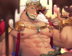  1boy abs balor_(housamo) bara beard black_hair blonde_hair blue_eyes cape chains chest_hair chocolate chocolate_on_body chocolate_on_hand crown cuffs dog_tags eyepatch facial_hair flaming_eye food food_on_body food_on_hand fur-trimmed_cape fur_trim hozu_(hozumi) large_pectorals looking_at_viewer male_focus male_underwear mature_male multicolored_hair muscular muscular_male nipples official_alternate_costume pectorals scar scar_on_face shackles short_hair solo stomach tokyo_afterschool_summoners topless_male tusks two-tone_beard two-tone_hair underwear upper_body valentine yellow_male_underwear 