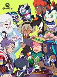  4girls 5boys allister_(pokemon) bea_(pokemon) belly_chain cooking cooking_pot cup dark-skinned_female dark-skinned_male dark_skin eating freckles gordie_(pokemon) grey_hair hat highres jewelry kabu_(pokemon) melony_(pokemon) milo_(pokemon) multiple_boys multiple_girls nessa_(pokemon) opal_(pokemon) piers_(pokemon) pokemon pokemon_swsh raihan_(pokemon) sleeveless smile sunglasses take_(illustrator) teacup thick_eyebrows towel towel_around_neck 