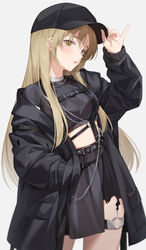  baseball_cap belt black_belt black_hat black_jacket black_skirt blonde_hair breasts chains commentary_request female grey_background hachinatsu hat highres jacket jewelry long_hair long_sleeves looking_at_viewer medium_breasts nijisanji official_alternate_costume open_clothes open_jacket ring simple_background sister_claire sister_claire_(9th_costume) skirt solo thighs virtual_youtuber yellow_eyes 