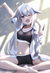  ahoge animal_ears black_shorts black_sports_bra blush breasts commentary_request earrings ears_down female fox_ears fox_girl fox_tail green_eyes hair_between_eyes highres hololive indian_style indoors jewelry long_hair looking_at_viewer oerba_yun_fang one_eye_closed open_clothes open_mouth open_shirt outstretched_arm shadow shirai_yu shirakami_fubuki shirt shorts sitting skin_fang small_breasts solo sports_bra tail underwear virtual_youtuber white_hair white_shirt yawning 