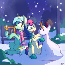  1:1 amber_eyes bench blue_eyes blue_hair bonbon_(mlp) carrot carrot_nose clothing duo earth_pony equid equine female food friendship_is_magic fur gloves green_body green_fur green_hair hair handwear hasbro hat headgear headwear hi_res horn horse inanimate_object lyra_heartstrings_(mlp) lyre mammal multicolored_hair musical_instrument my_little_pony mythological_creature mythological_equine mythology plant plucked_string_instrument pony purple_hair scarf scribble-potato silhouette snow snowing snowman string_instrument top_hat two_tone_hair unicorn vegetable white_hair 