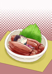  0_0 blush bow bowl bowtie brown_hair chibi closed_mouth commentary_request female food glasses hinata_yuu in_bowl in_container in_food kantai_collection leaf long_sleeves lying mini_person minigirl okinami_(kancolle) on_back oversized_object photoshop_(medium) purple_legwear school_uniform shoes short_hair simple_background solo squid 