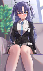  absurdres black_gloves black_jacket black_skirt blue_archive blue_eyes blue_necktie blurry blurry_background blush breasts collared_shirt commentary depth_of_field feet_out_of_frame female gloves half_gloves halo highres jacket long_hair long_sleeves looking_at_viewer medium_breasts necktie neko_punch_(user_hddm3373) parted_bangs parted_lips pleated_skirt purple_hair shirt skirt solo two_side_up very_long_hair white_shirt yuuka_(blue_archive) 