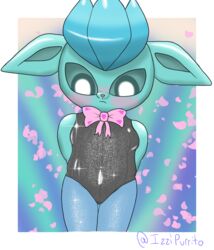  anthro blue_body blue_eyes blush bow_tie clothed clothing daww eeveelution female generation_4_pokemon glaceon glistening glistening_body glitter hi_res humanoid izzipurrito leotard looking_down nintendo pink_bow pokemon pokemon_(species) pupils shy simple_background solo standing tagme white_pupils young young_anthro young_female 