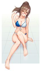  aoyama_nanami bare_legs barefoot bikini blue_bikini blush breasts brown_eyes brown_hair cleavage collarbone commentary_request feet female full_body glasses hair_between_eyes highres large_breasts legs long_hair navel ponytail rotix sakura-sou_no_pet_na_kanojo sitting smile solo sweat swimsuit teeth tile_floor tiles toes two-tone_bikini white_bikini 