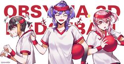  3girls ^_^ ball braid brown_hair closed_eyes clothes_pull collarbone dodgeball english_commentary fangs flower gym_shirt hair_flower hair_ornament head_wings highres holding holding_ball looking_at_viewer medium_hair multicolored_hair multiple_girls nijisanji nijisanji_en obsydia_(nijisanji) orange_hair papercider petra_gurin pink_eyes pink_hair purple_eyes purple_hair red_flower red_rose rose rosemi_lovelock scared selen_tatsuki shirt shirt_pull side_ponytail sidelocks smile streaked_hair twin_braids v-shaped_eyebrows virtual_youtuber wings wristband 