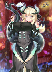  absurdres bed bedroom black_dress black_horns black_tail blue_eyes blurry blurry_background blush breasts bucket buttons canopy_bed chamber_dragonmaid closed_mouth commentary commission corset covered_navel cowboy_shot dragon_girl dragon_horns dragon_tail dress duel_monster duster female highres holding holding_duster horns indoors large_breasts light_smile long_hair long_sleeves looking_at_viewer maid mop nez-box outline platinum_blonde_hair puffy_long_sleeves puffy_sleeves sidelocks signature solo standing tail w_arms yu-gi-oh! 