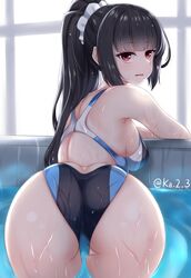  ass backless_swimsuit black_hair commentary_request competition_swimsuit cowboy_shot female from_behind highres ibuki_grunt isokaze_(kancolle) kantai_collection long_hair looking_at_viewer looking_back multicolored_clothes multicolored_swimsuit one-piece_swimsuit ponytail poolside red_eyes sidelocks solo swimsuit water 