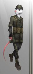  2018 american_opossum anthro belt_pouch blue_eyes boots clothed clothing combat_boots eyebrows fangs fn_fal footwear fully_clothed fur gradient_background gun hat headgear headwear hi_res mammal marsupial military military_cap military_clothing military_pants military_uniform pink_nose ranged_weapon rhodesia rifle simple_background solo teeth thepimpartist traditional_media_(artwork) uniform walking weapon white_body white_fur 