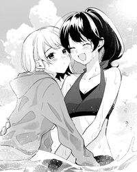  2girls :d absurdres bare_shoulders bikini blush breasts cleavage closed_eyes closed_mouth collarbone commentary_request couple greyscale halftone halterneck highres honda_sora hug lonely_girl_ni_sakaraenai long_hair monochrome multiple_girls open_mouth outdoors partially_submerged sakurai_ayaka_(lonely_girl_ni_sakaraenai) short_hair small_breasts smile stomach swimsuit wet yuama_(drop) yuri 