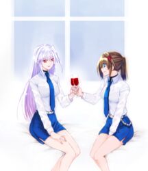  2girls alcohol belt blue_eyes blue_hair blue_necktie blue_skirt brown_hair chains closed_mouth commentary cup dress_shirt drinking_glass hair_ornament hand_on_own_thigh highres holding holding_cup leoheart long_hair long_sleeves looking_at_another lyrical_nanoha mahou_shoujo_lyrical_nanoha mahou_shoujo_lyrical_nanoha_a&#039;s mahou_shoujo_lyrical_nanoha_strikers military military_uniform miniskirt multiple_girls necktie on_bed open_mouth pencil_skirt ponytail red_eyes reinforce shirt short_hair side_slit sitting skirt smile toasting_(gesture) tsab_naval_military_uniform uniform white_belt white_shirt wine wine_glass x_hair_ornament yagami_hayate 