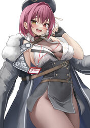  absurdres akiki_(kiki) beret black_bra black_coat black_gloves black_hat blush bra breasts cleavage coat commentary_request covered_navel earrings female fingerless_gloves fur-trimmed_coat fur_trim gloves hand_up hat highres hololive houshou_marine houshou_marine_(businesswoman) jewelry large_breasts looking_at_viewer looking_down no_panties open_mouth pelvic_curtain red_eyes red_hair shirt simple_background solo standing teeth underwear virtual_youtuber white_background white_shirt yellow_eyes 