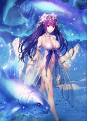  anklet aurora bare_legs bikini bracelet breasts fate/grand_order fate_(series) female fish flower hair_ornament highres jewelry koyama_hirokazu large_breasts long_hair looking_at_viewer navel necklace non-web_source official_art purple_hair red_eyes resized scathach_(fate) scathach_skadi_(fate) scathach_skadi_(swimsuit_ruler)_(fate) scathach_skadi_(swimsuit_ruler)_(third_ascension)_(fate) smile swimsuit thighs upscaled white_bikini 