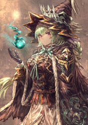  blush braid brown_gloves cloak fantasy floating folded_fan folding_fan fur-trimmed_cloak fur_trim glint gloves glowing green_hair green_neckwear hand_fan hat highres light_blush long_hair original purple_eyes signo_aaa smile tearing_up torn_clothes witch_hat 