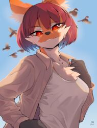  absurd_res anthro avian bird breasts canid canine chest_tuft claws clothed clothing detailed_background female female_anthro fingers fur hair hi_res kemono looking_at_viewer mammal maned_wolf multicolored_body multicolored_fur red_eyes short_hair sky smile smiling_at_viewer solo tuft yellowparrottw yellowparrottw&#039;s_wolf 