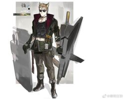  1boy animal_ear_fluff animal_ears arknights bara black_choker boots choker code2_ip cropped_shirt extra_ears from_side full_body genderswap_(ftm) holding holding_shield horn_(arknights) light_brown_hair looking_at_viewer male_focus mars_symbol midriff pectoral_cleavage pectorals rule_63 shield short_hair solo sunglasses tail thick_eyebrows wolf_ears wolf_tail 