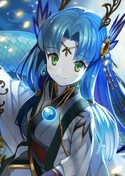  blue_hair blush circlet closed_mouth female gaou_(umaiyo_puyoman) green_eyes hair_ornament highres japanese_clothes kimono long_sleeves looking_at_viewer no_nose obi pale_skin parted_bangs puzzle_&amp;_dragons red_sash sash smile solo sumire_(p&amp;d) 