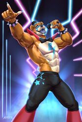  2022 5_fingers abs amon-sydonai anthro bear biceps black_bow_tie black_nose blue_eyes blue_nails bottomwear bow_accessory bow_tie bracelet bright_colors bright_light chest_tuft clothing colored_nails digital_media_(artwork) electronics fingers five_nights_at_freddy&#039;s five_nights_at_freddy&#039;s:_security_breach fur gesture glamrock_freddy hair hand_gesture happy hat headgear headwear hi_res jewelry joyful lights looking_at_viewer looking_pleasured makeup male mammal markings microphone muscular muscular_anthro muscular_male nails neon_lights open_mouth orange_body orange_fur orange_hair pants pecs performance pointing pose round_ears scottgames serratus sharp_teeth shoulder_pads singing solo spiked_bracelet spikes standing steel_wool_studios teeth text tongue top_hat translated triceps tuft watermark 